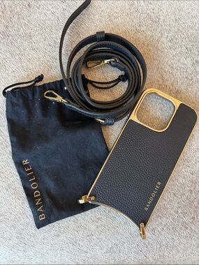 Bandolier Black Leather Phone Case with Gold Trim & Strap